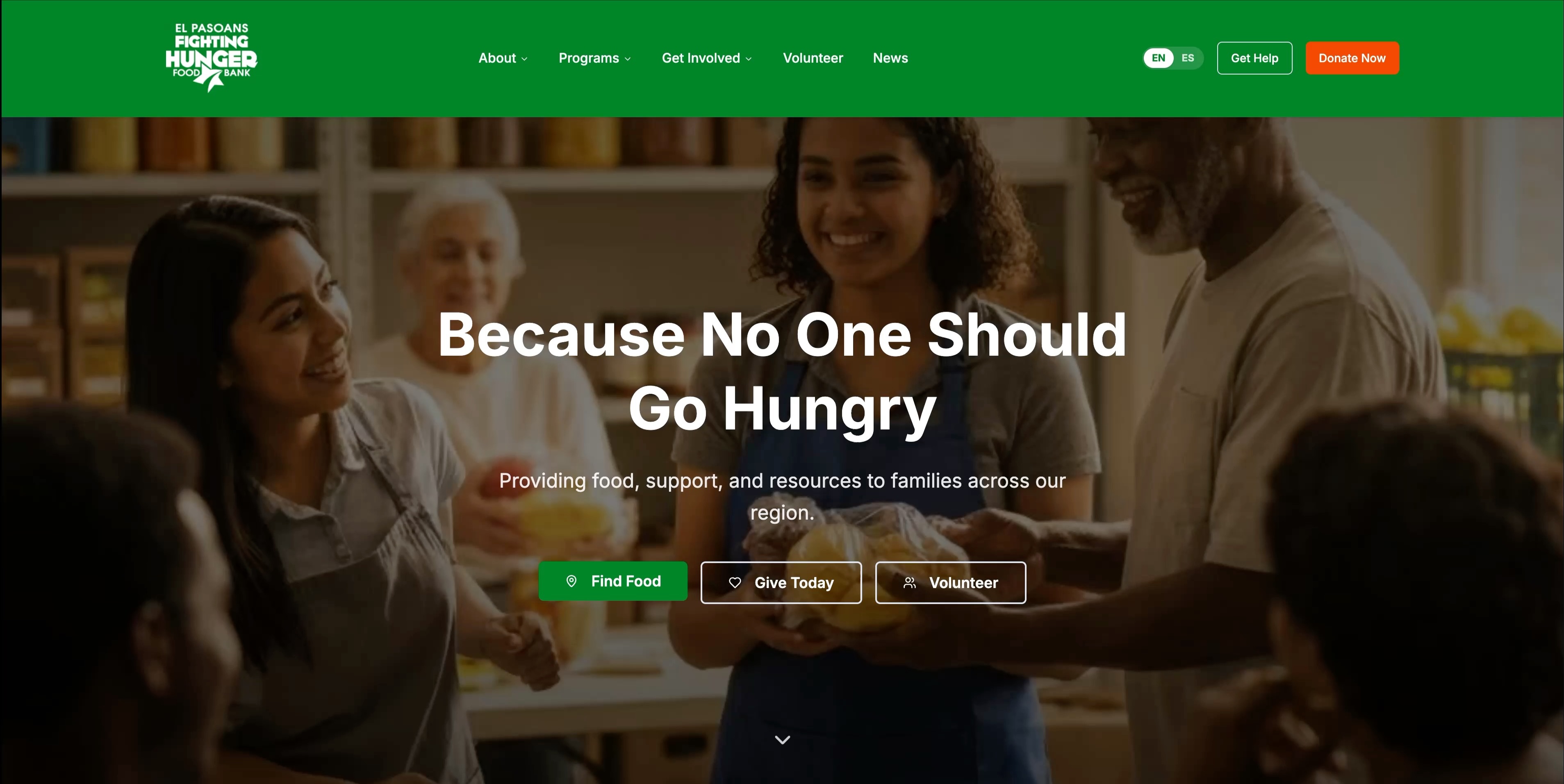El Pasoans Fighting Hunger homepage hero with Find Food, Give Today and Volunteer buttons