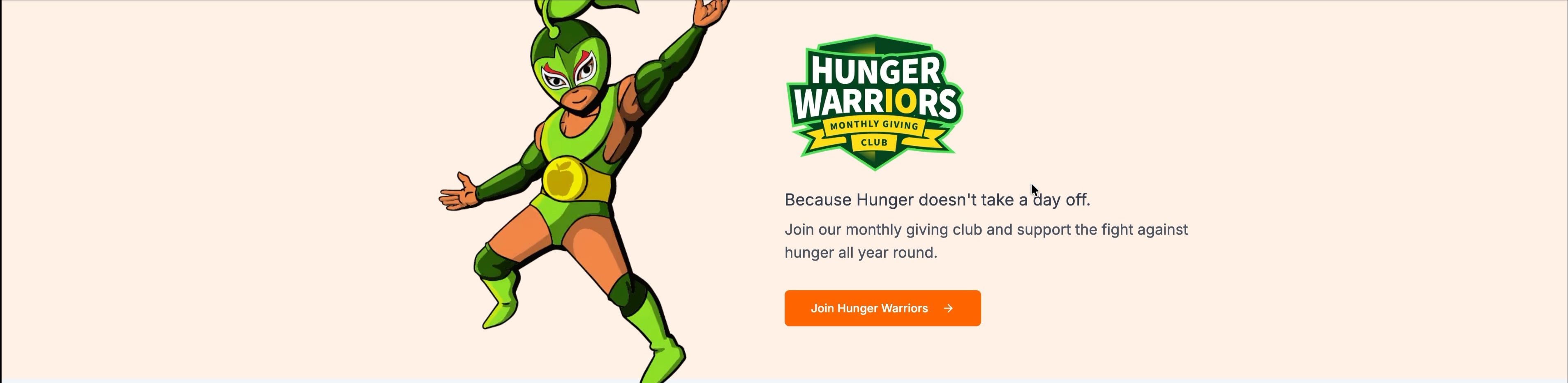 Hunger Warriors monthly giving club section with a Join Hunger Warriors button