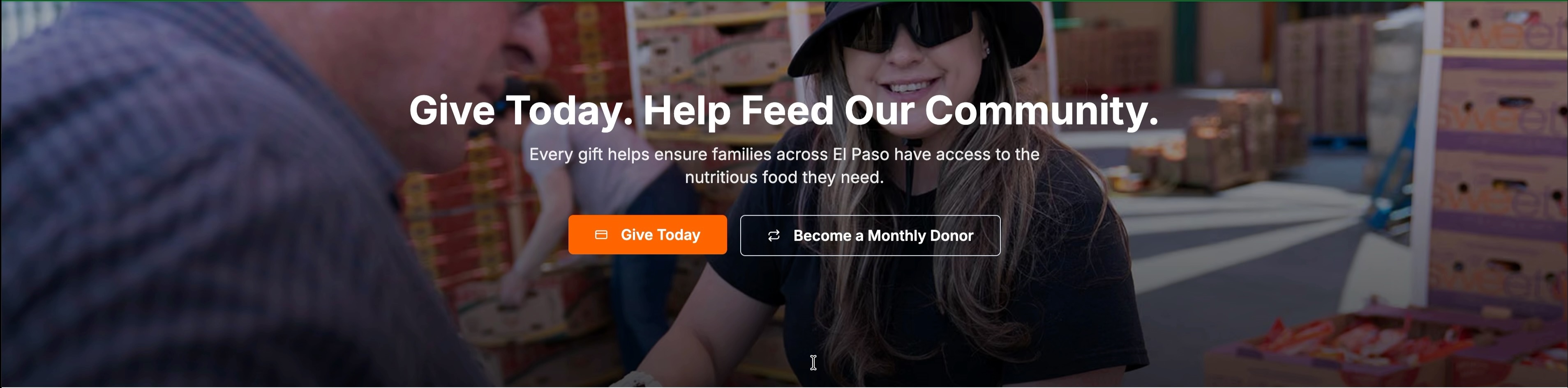 Donate page hero: Give Today. Help Feed Our Community, with Give Today and Become a Monthly Donor buttons