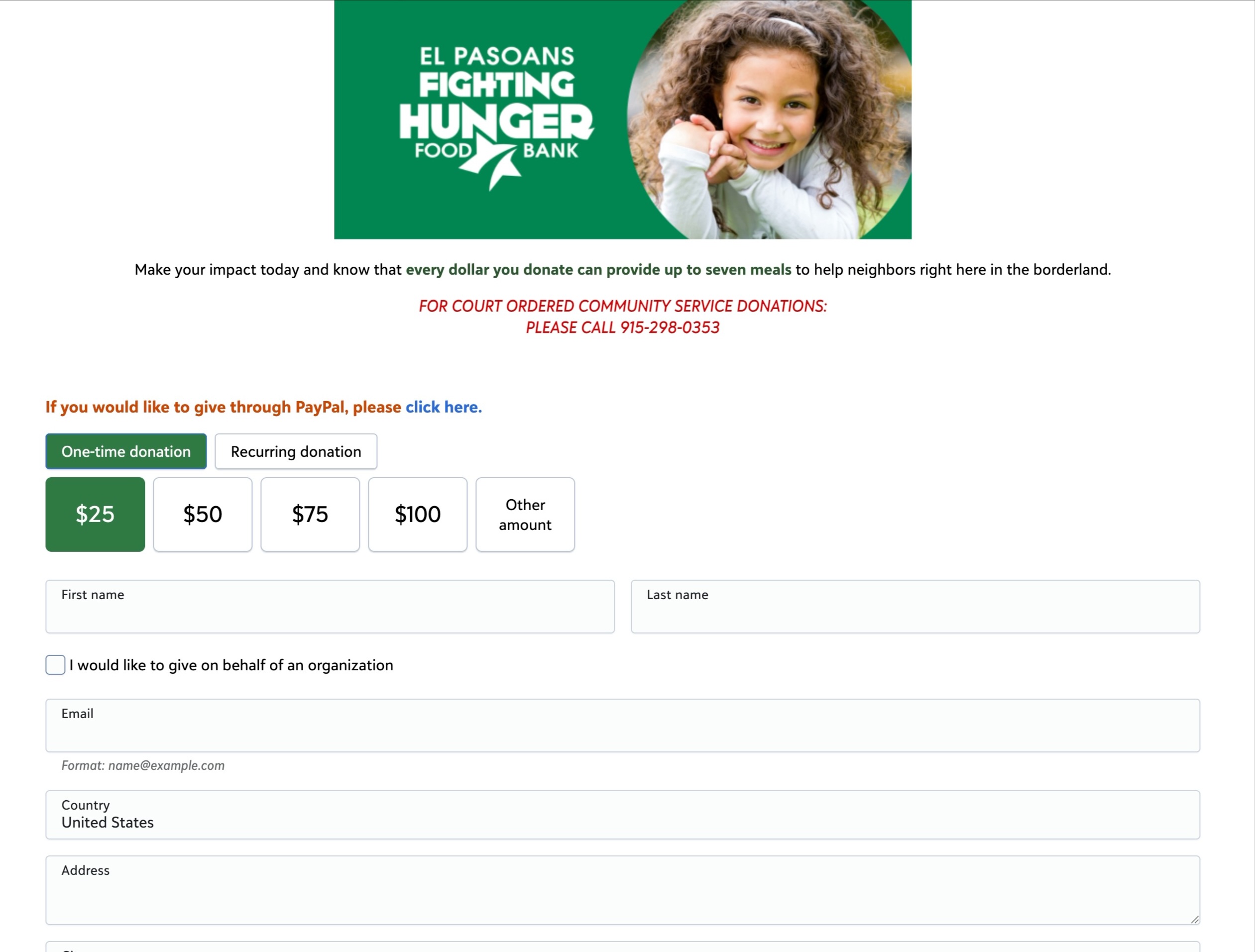 Top of the Blackbaud donation form: PayPal click-here link, One-time donation selected, $25 pre-selected, name and email fields