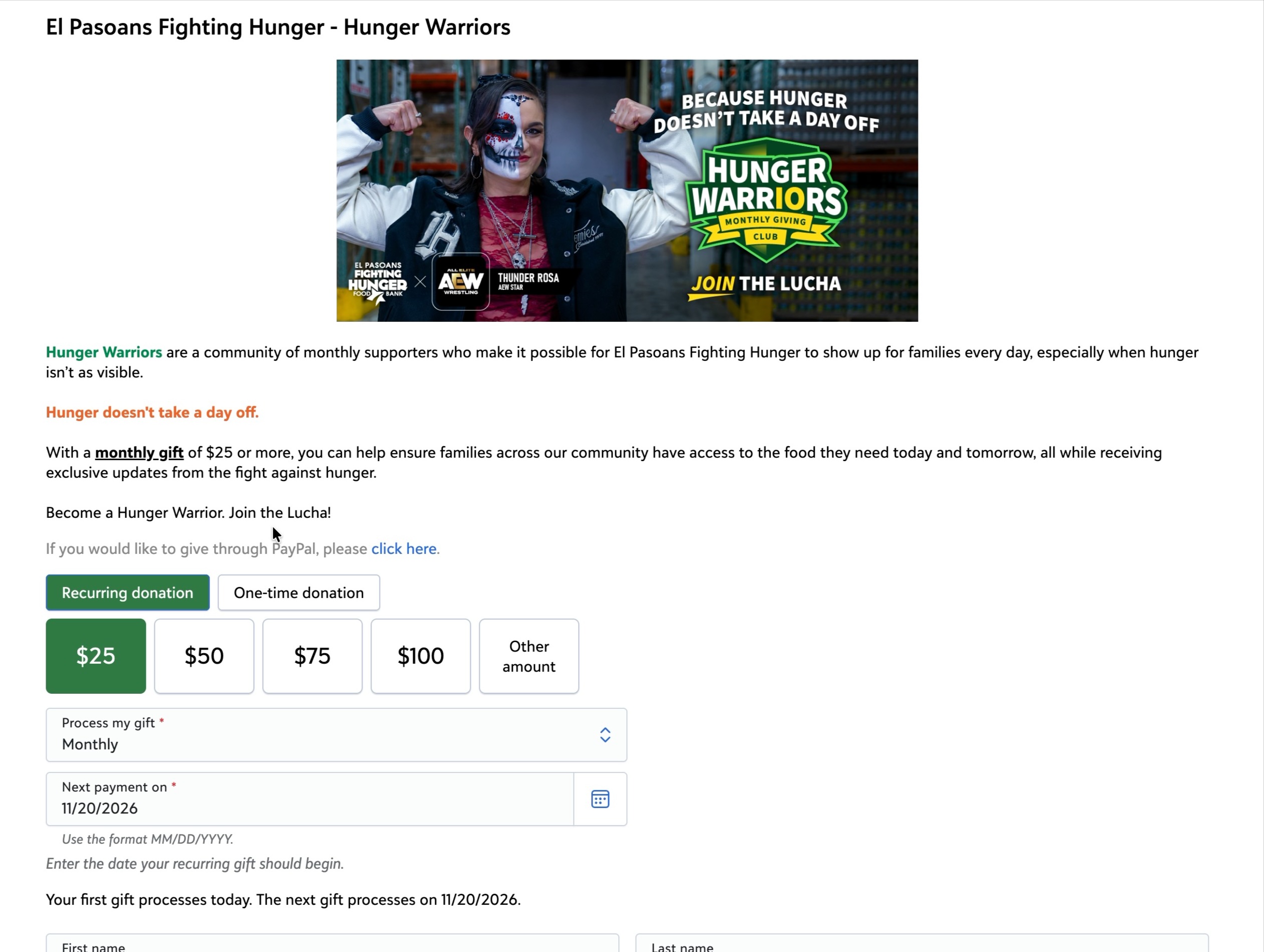 Hunger Warriors donation form with Recurring donation pre-selected and Monthly frequency