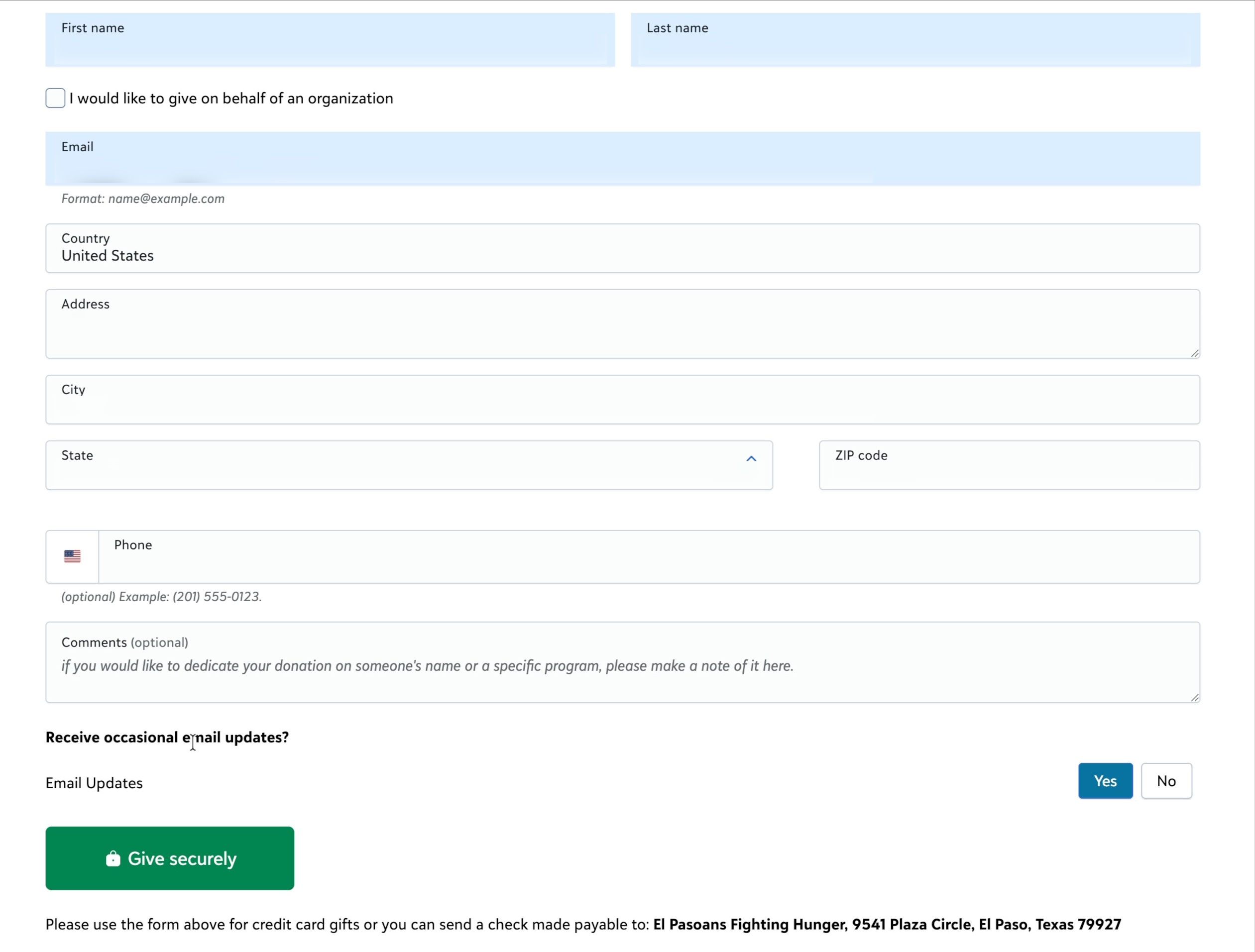 Donor details section of the form: name, email, country, address, city, state, ZIP, phone, comments, email updates and Give securely button; personal details blurred