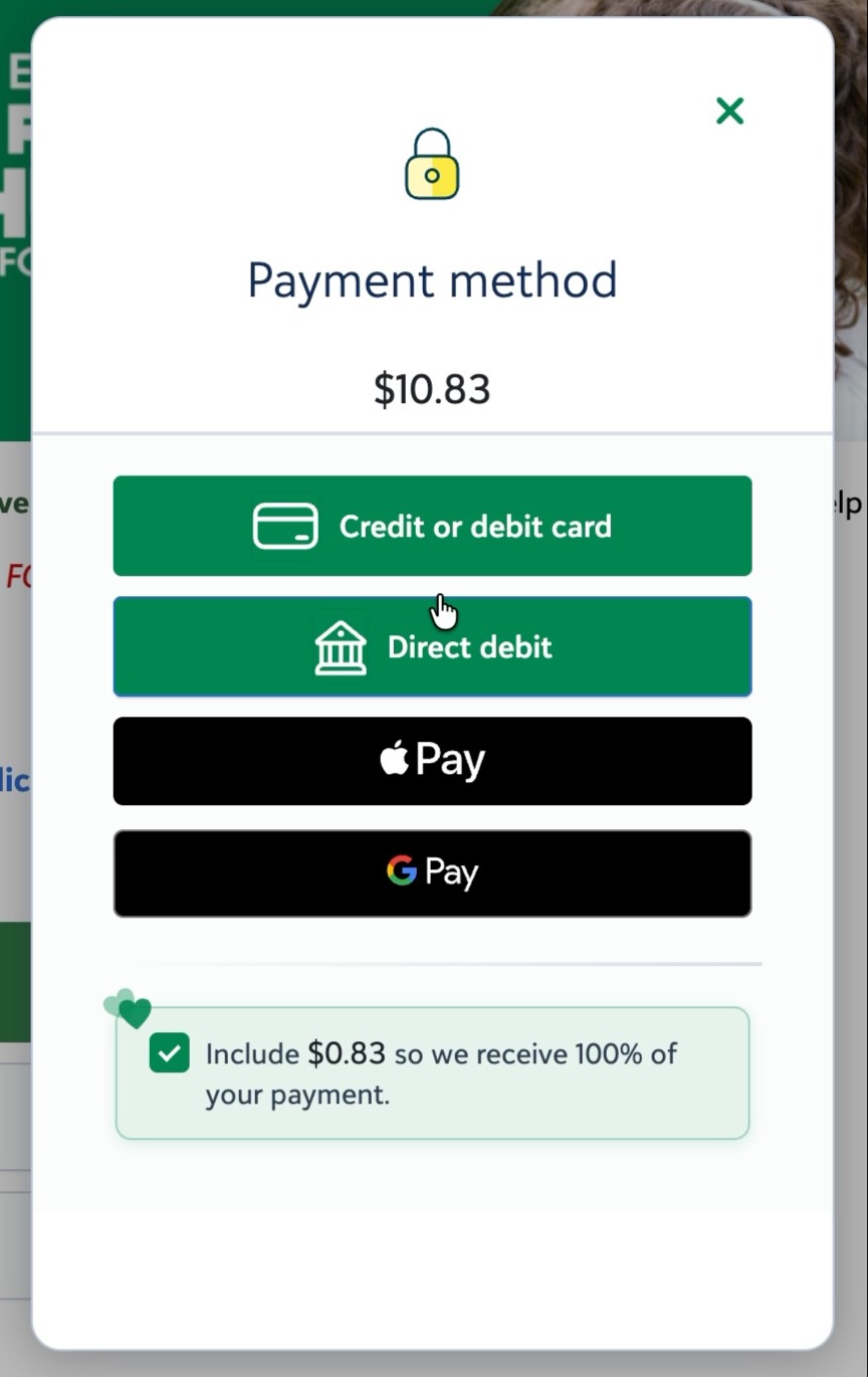 Payment method pop-up now showing Apple Pay and Google Pay buttons below card and direct debit