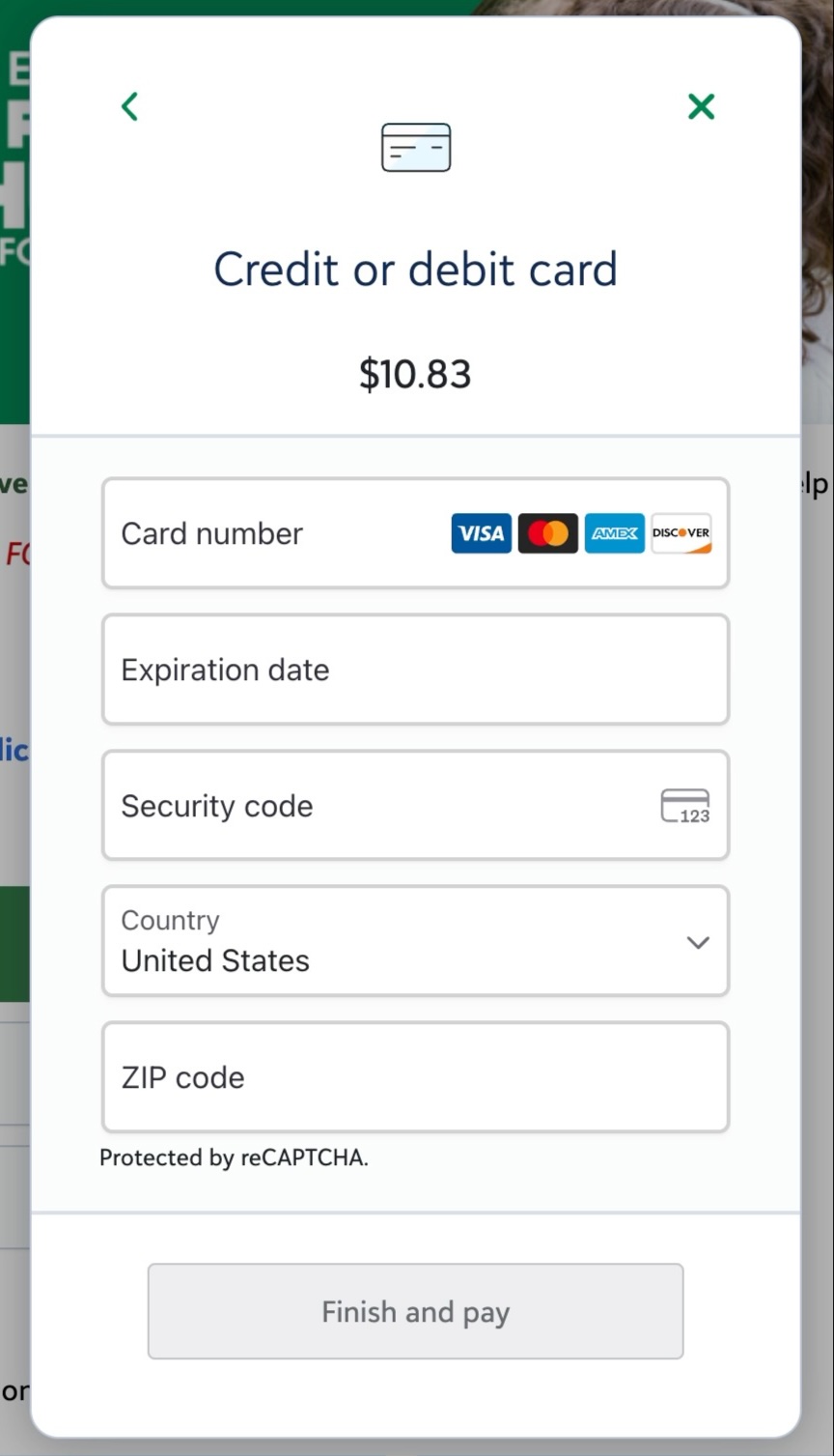 Credit or debit card screen with card number, expiration date, security code, country and ZIP code fields and a Finish and pay button