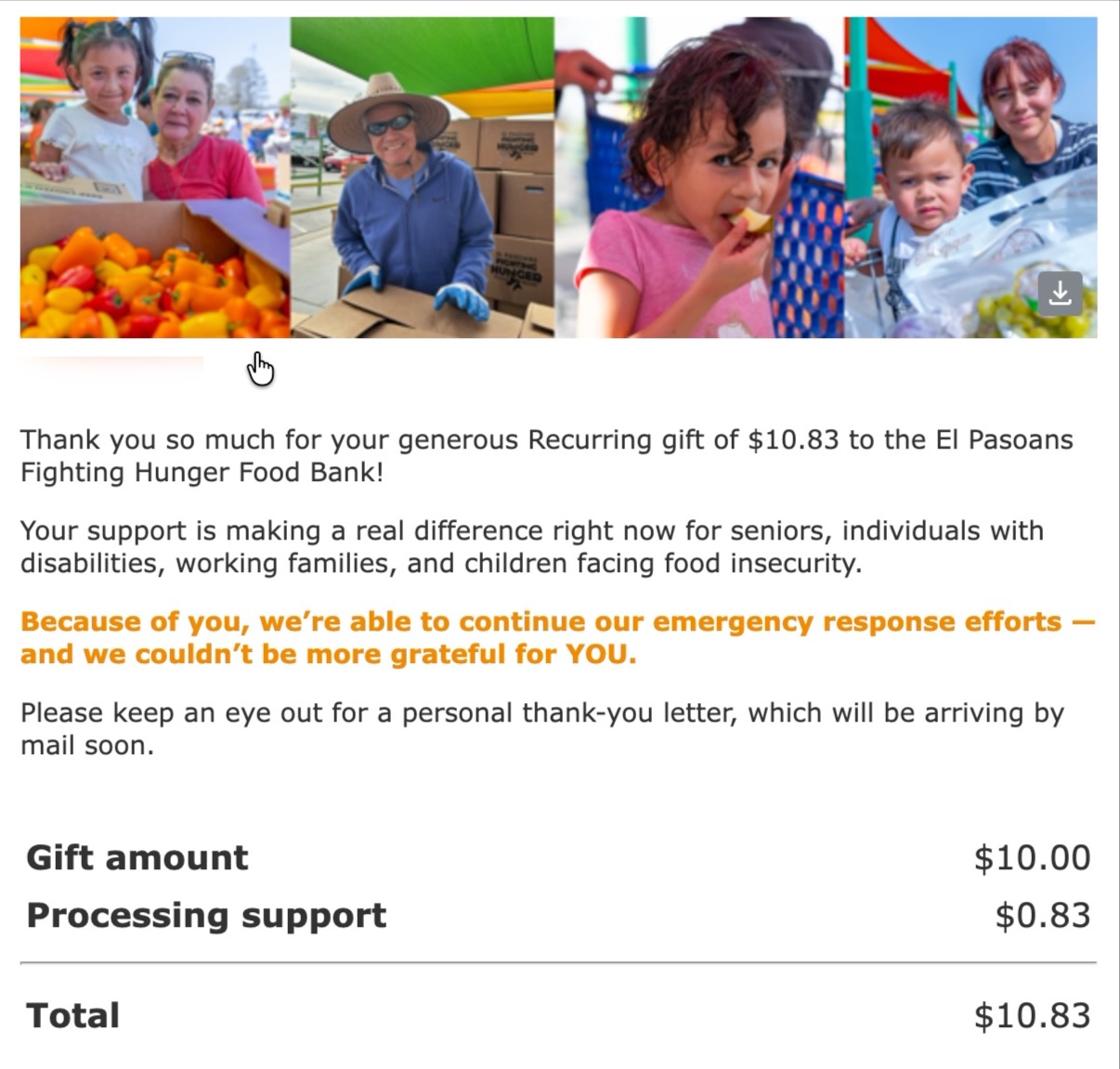 Receipt email: photos of families served, thank-you message for the recurring gift of $10.83, and itemized gift amount, processing support and total
